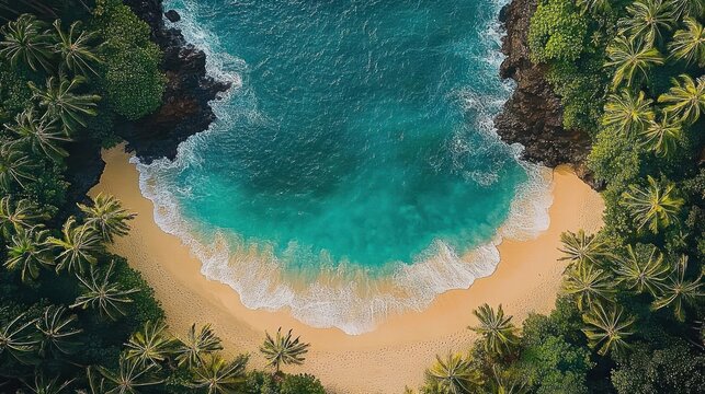 Aerial view of a serene tropical beach with golden sand, turquoise waves gently crashing, and lush green palm trees surrounding the shoreline