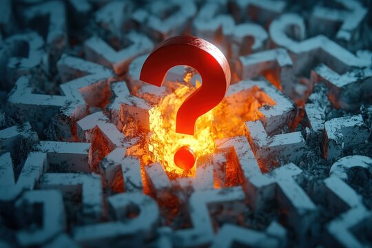 Large red question mark glowing with fiery light surrounded by a complex maze of concrete blocks, evoking mystery and uncertainty
