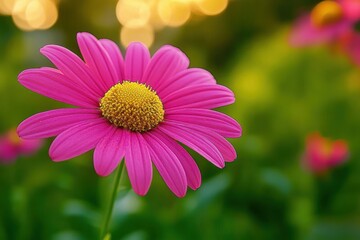 Obraz premium Close-up of a vibrant pink daisy flower with a yellow center against a soft-focused green background with glowing bokeh lights, evoking a serene and cheerful mood