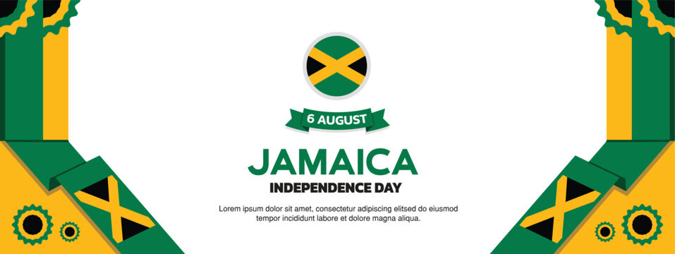 jamaica Independence Day design, August 6rd design elements template with waving ribbon flags on both sides with geometric shapes, jamaica map and flag