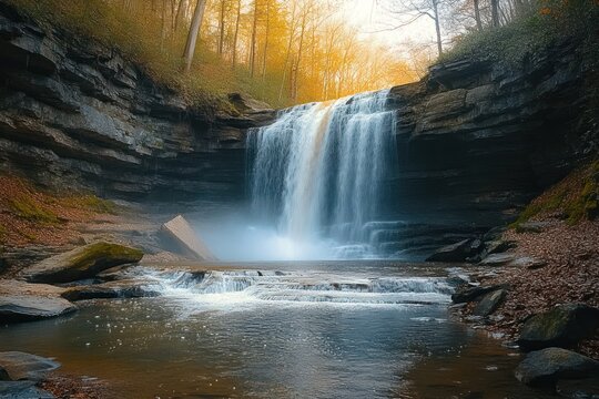 Tranquil waterfall cascading over layered rock formations surrounded by autumn trees with golden leaves and mist rising from the water pool below
