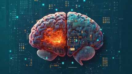 Digital illustration of a human brain with circuitry and neural connections glowing, symbolizing artificial intelligence and advanced technology