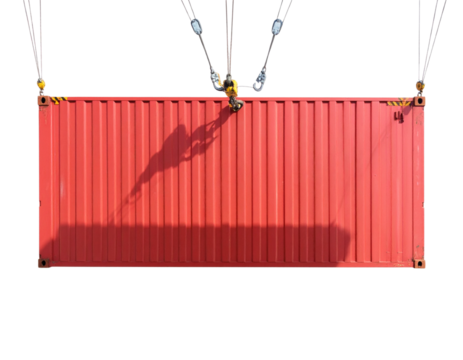 Top-Down View of Red Shipping Container Attached to Crane Rig, Cables Visible, Isolated