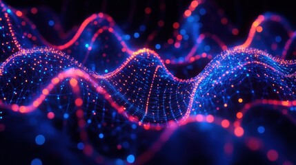 Abstract glowing digital wave formed by interconnected blue and red nodes and lines in a dark background, evoking a futuristic and dynamic atmosphere