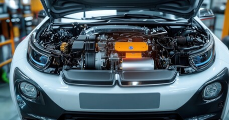 Front view of a white modern car with open hood showcasing a detailed car engine inside a workshop environment