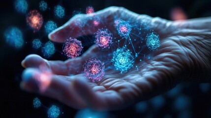 Close-up of an outstretched hand with glowing digital molecular structures floating above, representing advanced technology and scientific innovation with a dark blurred background
