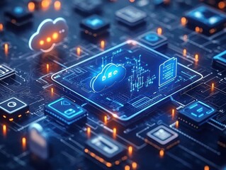 Futuristic digital cloud computing interface glowing with blue and orange lights over circuit board elements symbolizing data technology and secure cloud storage