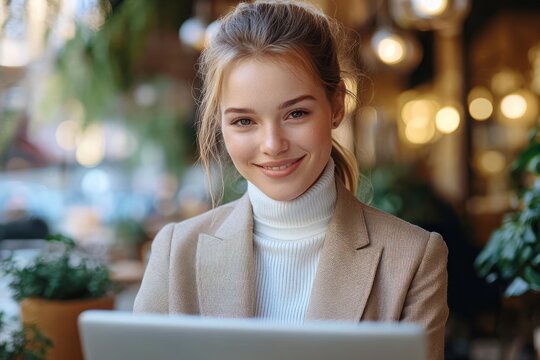 Young woman with blonde hair smiling warmly while using a laptop in a cozy, softly lit indoor setting with plants and blurred background lights