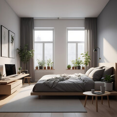 Bright, minimalist bedroom with a large bed, two windows adorned with plants, and neutral tones creating a serene and modern living space.