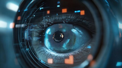 Close-up of a human eye with futuristic digital interface overlays and glowing blue and orange data elements, conveying advanced technology and cybernetic integration