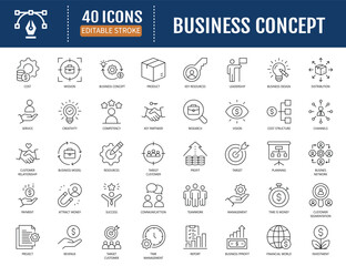 Business concept line icon set. Containing
services, products, revenue, distribution, core
value, cost, management and more. Vector
Illustration with Editable Strokes