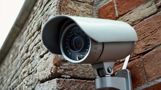 Modern security camera on building wall closeup created with generative ai	
