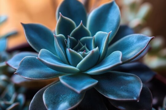 Close-up of a blue-green succulent plant with thick, fleshy leaves arranged in a rosette pattern under soft natural light