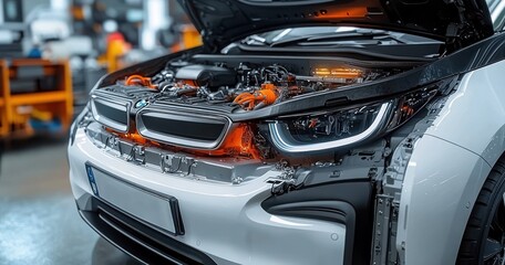 Close-up of a white car with its hood open revealing the engine and internal components in a well-lit workshop