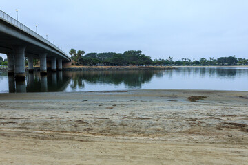 Ingraham street bridge stretching over Fishermans channel of Mission bay to Vacation Isle, San...