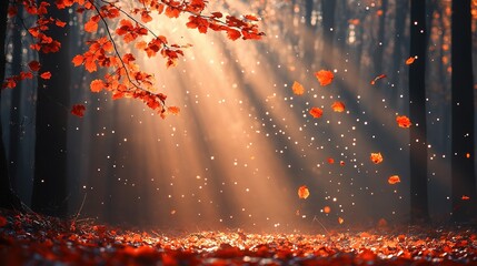 Mystical Autumn Forest with Radiant Sunbeams and Swirling Orange Leaves