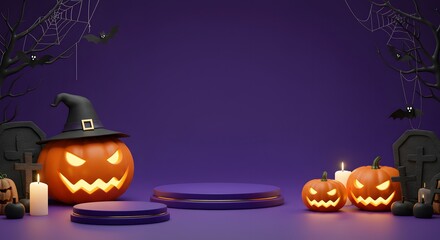 Halloween Scene with Jack-o'-Lanterns, Witch Hat, Bats, and Spooky Atmosphere