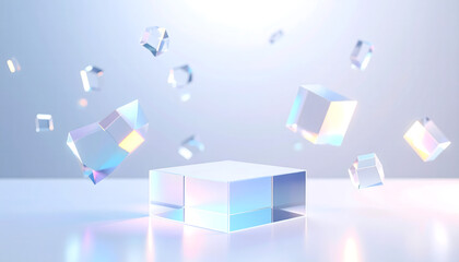 Iridescent glass cubes levitate and fall around a larger, central cube on a reflective surface.