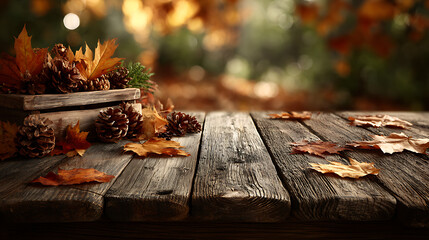 A wood table product display with copyspace and a golden brown autumn background of leaves for Thanksgiving and other seasonal messages.