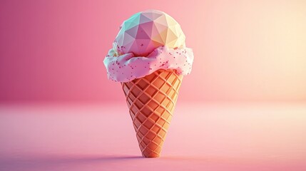 Colorful geometric ice cream scoop on a waffle cone with creamy texture and sprinkles against a soft pink gradient background evoking a playful and sweet mood