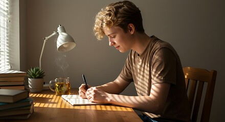 Focused Study: A young individual absorbed in writing or studying at a desk, illuminated by the soft glow of sunlight and a desk lamp, creating a scene of quiet concentration.