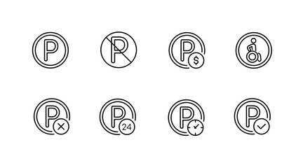 Parking and accessibility line icons set – silhouette, transport, vehicle symbols