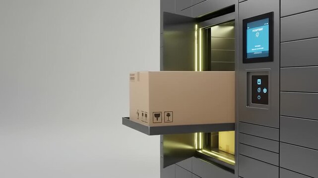 Modern automated delivery locker system in a minimalist environment for secure package retrieval