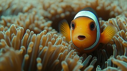 Adorable Clownfish Peeking Out from Vibrant Anemone Tentacles in Underwater Macro Shot