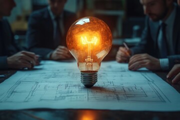 Glowing light bulb resting on architectural blueprints with business people working and discussing ideas in background creating focused and innovative atmosphere