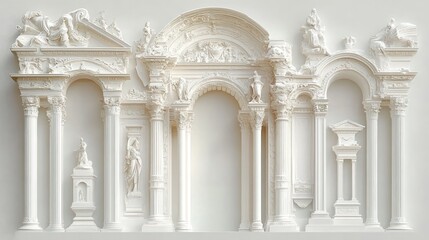 Fototapeta premium intricately detailed white architectural sculpture with classical columns, arches, and sculpted human figures in relief, evoking a serene and majestic atmosphere