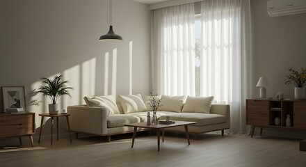 Sunlit Serenity: A bright, inviting living room bathed in natural light, showcasing a comfortable sectional sofa, sleek wooden furniture, and minimalist decor, creating a sense of calm and elegance.