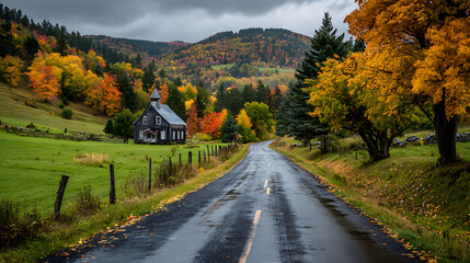 typical countryside road in Vermont during Fall season