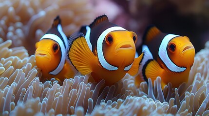 Clownfish Trio: Vibrant Orange and White Stripes in Anemone Embrace, Underwater Beauty