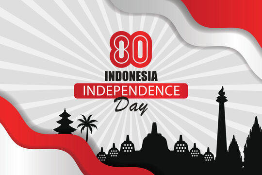Indonesia Independence Day Banner with Monas and Temples silhouette.