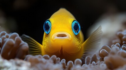 Extreme Close-Up of a Vibrant Yellow Fish with Striking Blue Eyes Amidst Coral