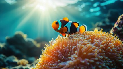 Radiant Clownfish Poised Above Its Anemone in Turquoise Waters