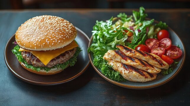 Grilled chicken salad with fresh greens and cherry tomatoes next to a sesame seed bun cheeseburger on dark wooden table