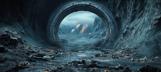 View through a large circular tunnel revealing a rocky, misty mountain landscape with glowing lava-like areas creating a mysterious and eerie atmosphere