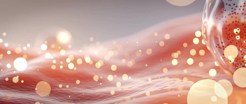 Anamorphic video microscopic view of cells on a textured surface. Perfect for themes biology, medicine, cellular research, stem cells, microbiology, and scientific innovation.