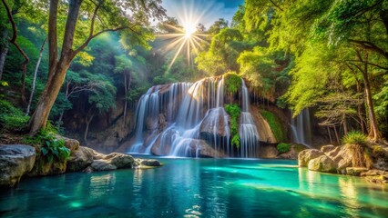 Obraz premium The natural beauty of a cascading waterfall in a tropical forest with lush green trees and flowing water