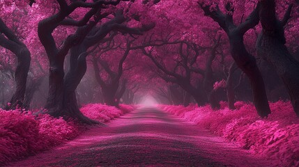 Surreal Magenta Forest Path Beneath an Archway of Gnarled, Ancient Trees