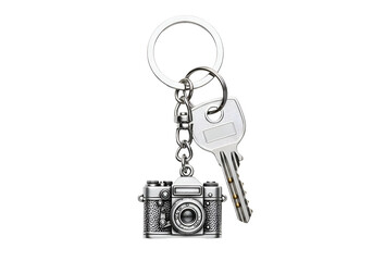 A vintage camera keychain with keys.