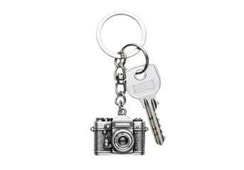 A vintage camera keychain with keys.
