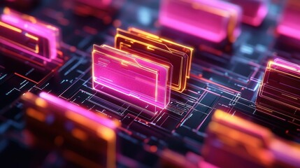 Glowing digital file folders organized in a futuristic network grid emitting neon pink and orange light on a dark high-tech circuit background