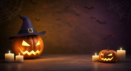 Spooky Halloween Scene with Glowing Jack-o'-Lantern, Witch Hat, Candles, and Bats