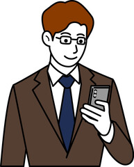 メガネ、茶色のスーツ、スマホを見る男性