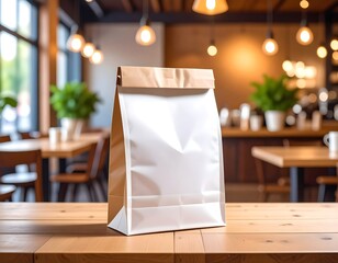 Paper bag on wooden table in cafe