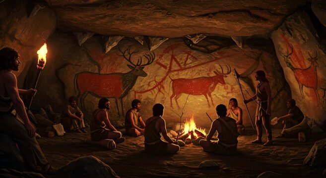 Prehistoric cave dwellers gather around a fire, illuminated by torchlight,  with cave paintings on the walls