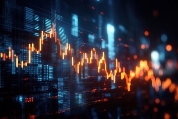 Obraz premium Glowing orange financial chart with fluctuating data points displayed on a digital blue background symbolizing market trends