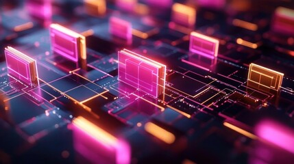 Futuristic digital circuit board with glowing pink and orange translucent rectangular panels emitting neon light and intricate connection pathways